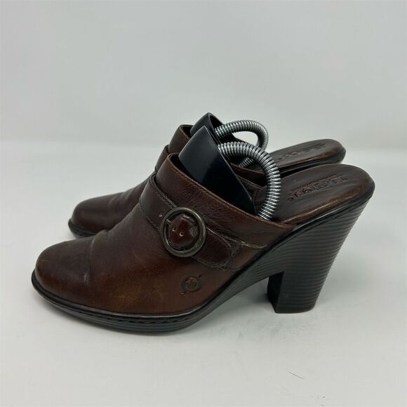 Born Women's Brown Leather Slip On Clogs Size 7 Buckle Detail Block Heel - Picture 6 of 11